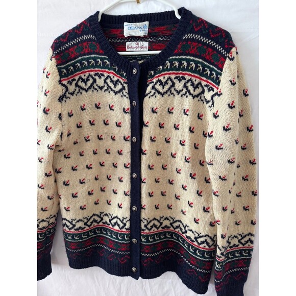 Vtg Redwood & Ross 100% Wool Shetland Heart Fair Isle Cardigan Sweater Sz L - Picture 2 of 7